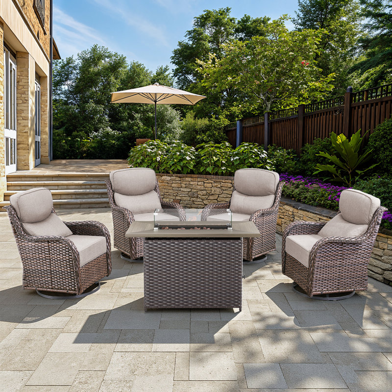 Outdoor Patio Multiple Swivel Rocking Chairs Seating Group With Wicker Fire Pit Table, Beige, Brown