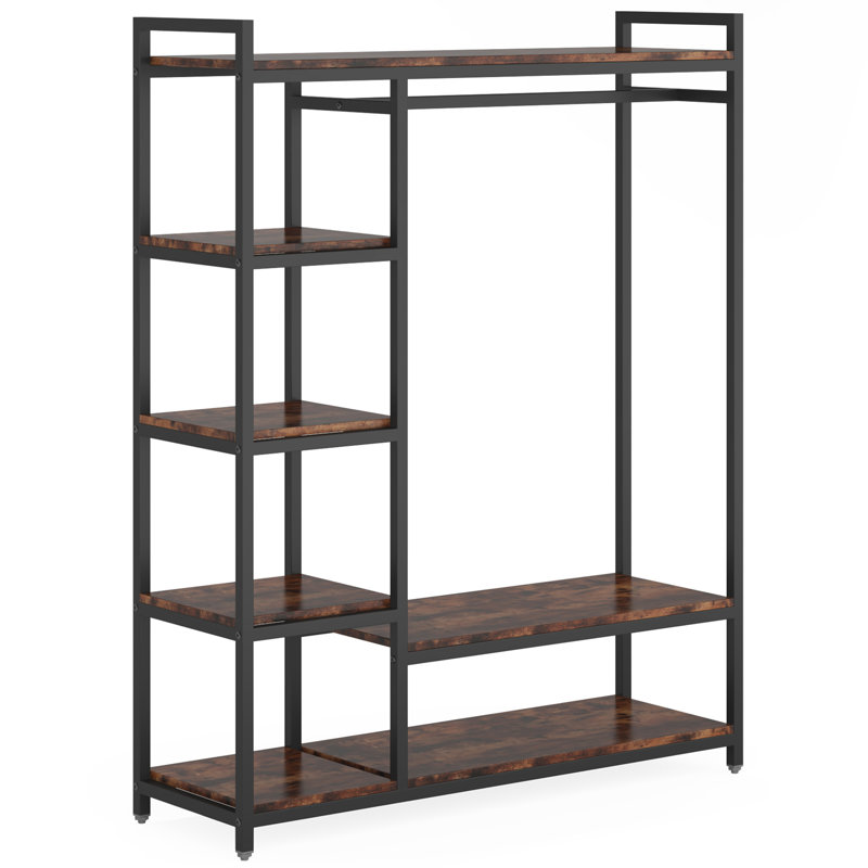 47.24" Free-Standing Closet Organizer With 6 Storage Shelves And Hanging Bar, Large Standing Clothes Garment Rack