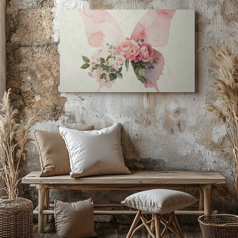 Toile, art mural, composition minimaliste montrant la silhouette d'un papillon rose avec une qualité moderne prête à être accrochée
