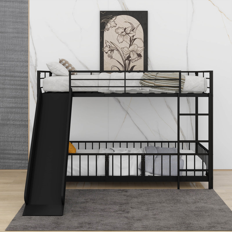 Twin Over Twin Size Metal Bunk Bed With Slide, Black