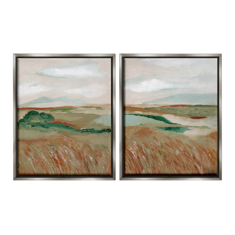 «Windblown Reeds Landscape», ensemble de 2 toiles flottantes encadrées par Nikita Jariwala, Cadre flottant gris lustré