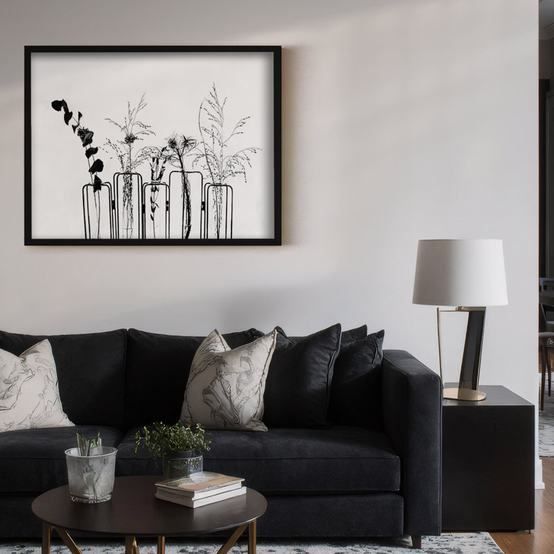 Fleurs noires sur fond blanc - reproduction de photo sur toile, Impression encadrée, H 18 po x l 24 po, Noir