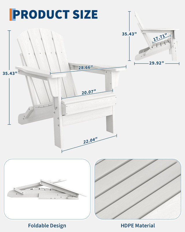 Folding Adirondack Chairs Set of 2, HDPE Wood-Texture Outdoor Patio Chairs, Weather & 380 LBS Support for Backyard, Pool, Deck, Fire Pit - White