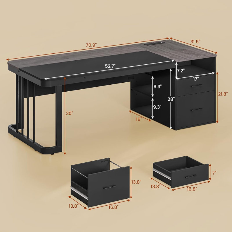 Bureau de direction 70,9 "avec prise de courant, bureau moderne avec classeur latéral, gris, Gris / Noir