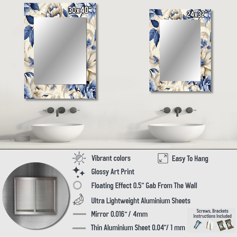Art victorien hongrois, fleurs bleues et blanches damassées - miroir mural unique en damas, 32 po x 24 po