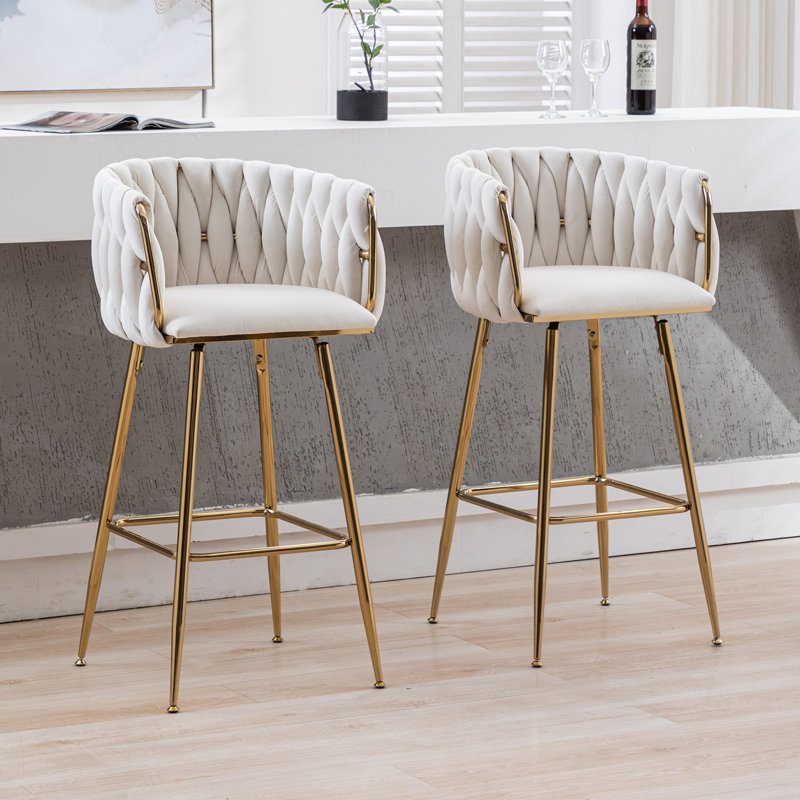 Beige Velvet Swivel Counter Stools with Golden Metal Frame, Set of 2