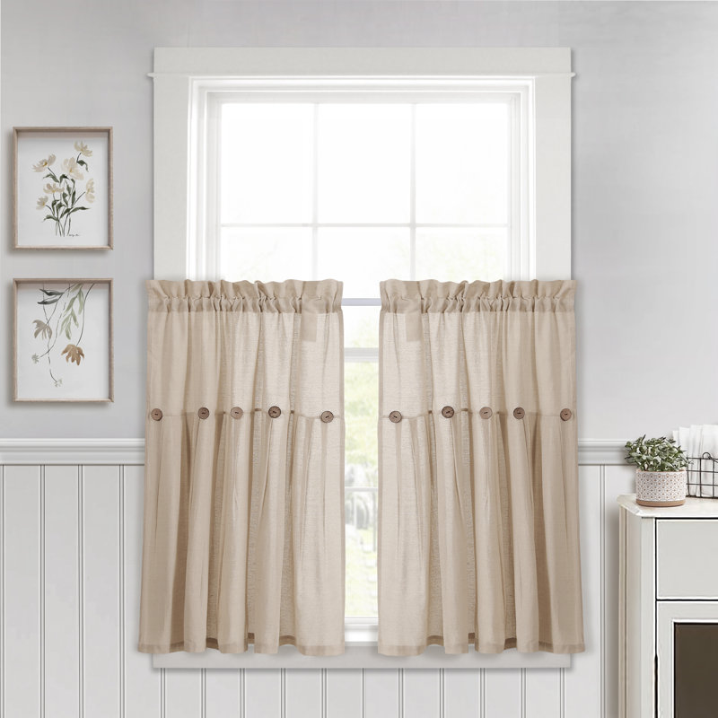Linen Button Cotton Blend Tailored 29'' W Cafe Curtain, 29" W x 36" L, Dark Linen