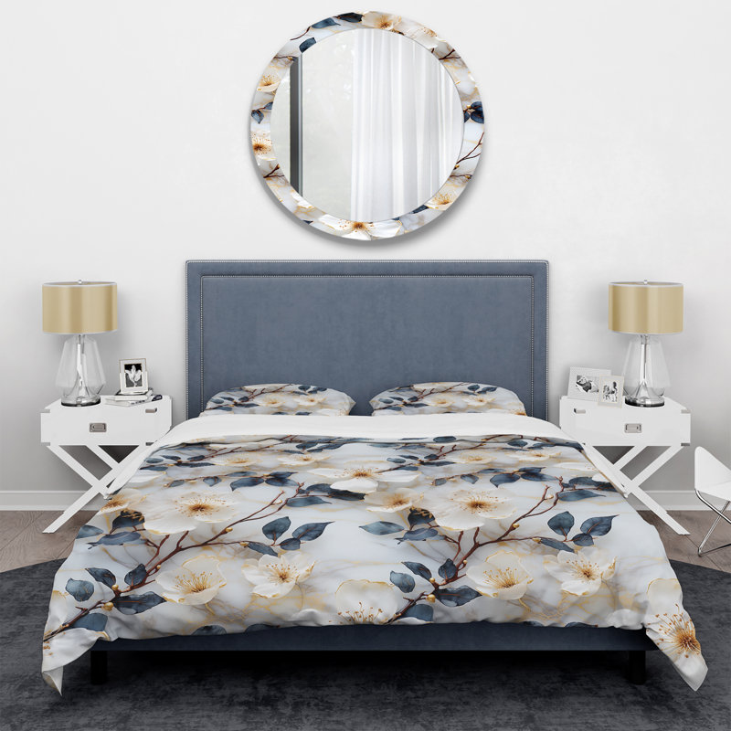 Ensemble de housse de couette White Marble Botanical Floral Palette I, Housse de couette simple + 1 taie décorative stan