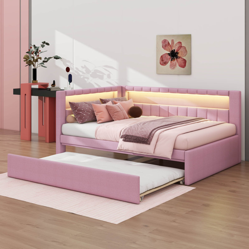 Lit plateforme double entièrement rembourré avec accès USB, éclairage à DEL et lit gigogne caché, Rose