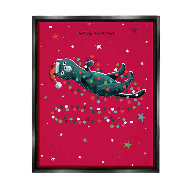 «Feline Festive Christmas Cat» par Andrew Thornton, impression, H 31 po x l 25 po x P 1,7 po, Cadre flottant noir de jais