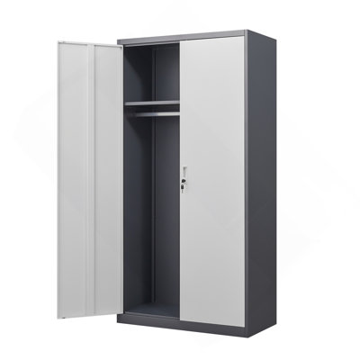 Garde-robe de grande capacité en métal gris avec tringle et compartiments suspendus, garde-robe verrouillable avec serrures et clés, fabrication en acier, imperméable et ignifuge, convient à la chambre à coucher, au salon et à la salle de lavage.