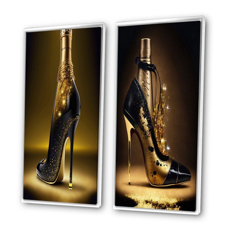 «Golden Champagne High Heel II», 2 pièces sur toile, Cadre blanc, H 32 po x l 32 po
