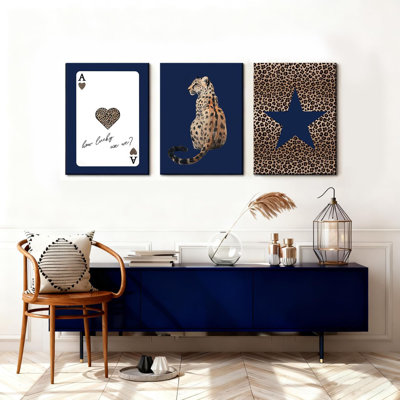 3 Pcs Navy Blue Leopard Framed Wall Art, Navy Blue Star Leopard Print Posters, Poker Ace Print Decorative Paintings, Suitable For Living Room, Bedroom And Stylish Home Wall Decoration, 12×16 Inch