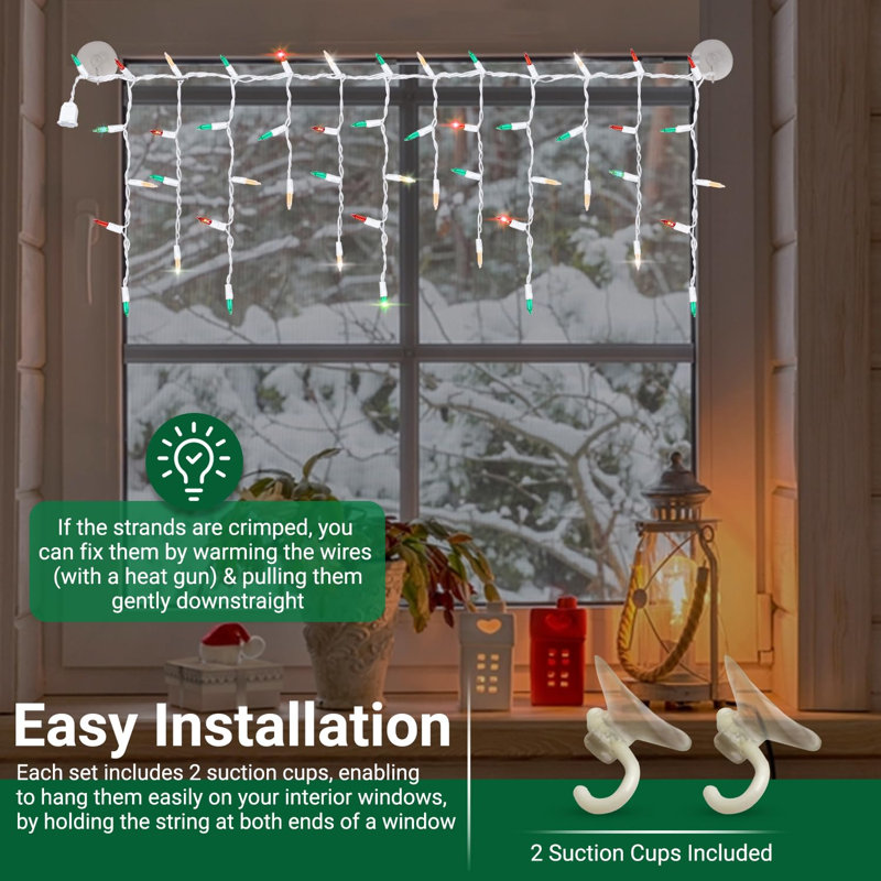 Tupkee Shimmering Twinkle Window Icicle Lights - 3 Feet (0.91 M), 8 Of 50 Lights Twinkle - 50 Red-Green-Clear Incandescent Bulbs - Random Twinkle Christmas Window Icicle Lights - Indoor Outdoor