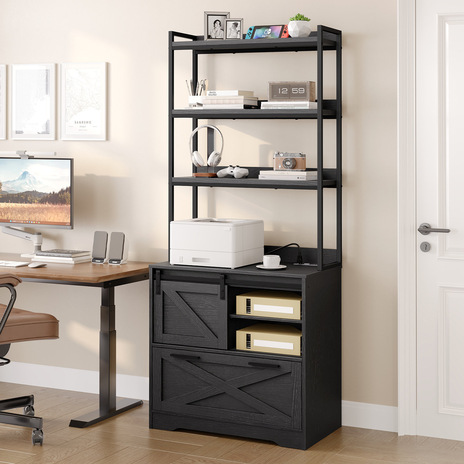 Gracie Oaks Farmhouse File Cabinet With Power Outlet, Vertical Storage ...