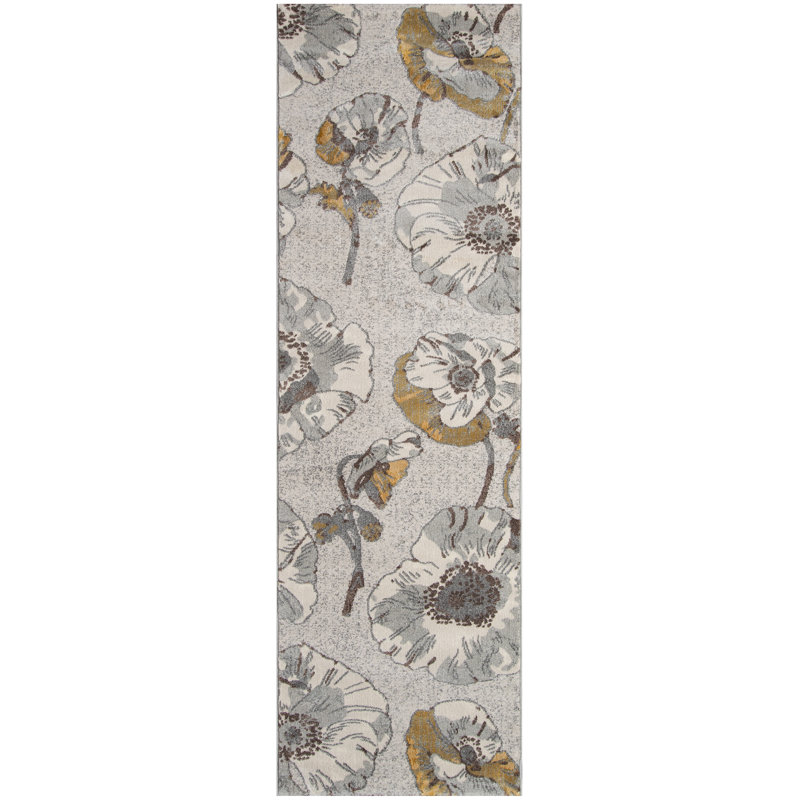 Tapis brun / gris à motif floral Adelea, Tapis de couloir 2 pi 3 po x 7 pi 6 po