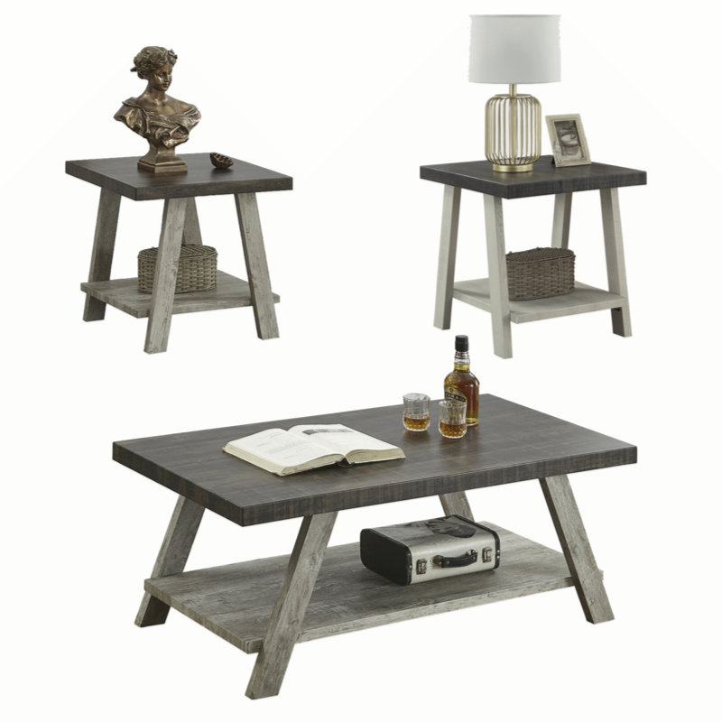 Tevis 3-Piece Wood Coffee Table with Shelf, Light Gray, Gray