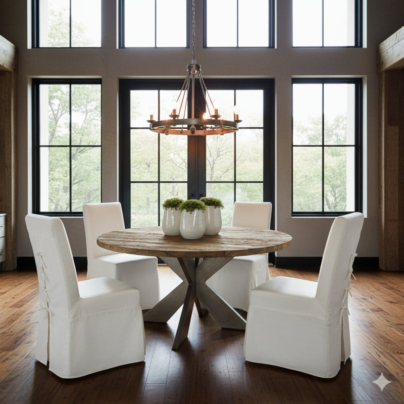 Marjoe Teak Round Metal Base Dining Table