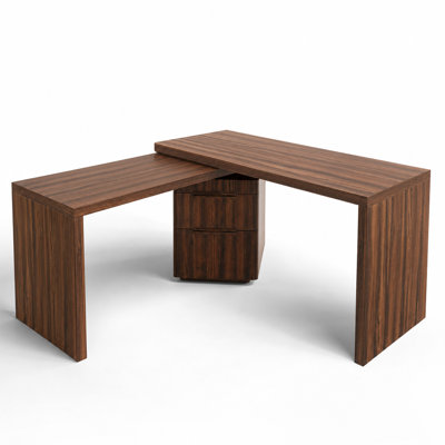 Bureau double caisson en L de 90 pouces avec 3 tiroirs et une conception rotative à 360 degrés, poste de travail d'angle spacieux pour le bureau à domicile, la salle d'étude ou le salon, fabriqué en panneau de fibres à densité moyenne durable avec finition en bois naturel