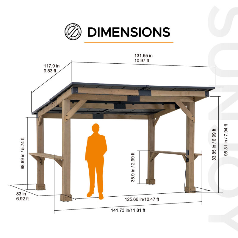 Sunjoy Wooden Grill Gazebo 10 ft. x 12 ft. Outdoor Cedar Frame BBQ Gazebo, Backyard Hot Tub Gazebo with Metal Hardtop Roof, Exclusive PowerPort and Bar Shelves
