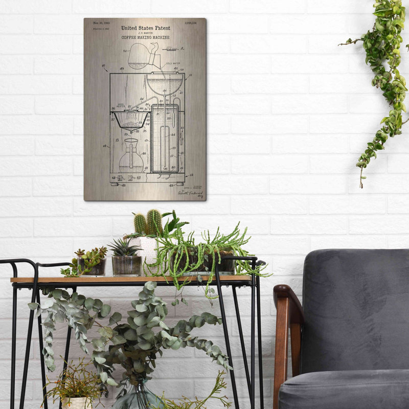 «Coffee Machine Blueprint Brevet Parchment», art mural en métal, H 16 po x l 12 po