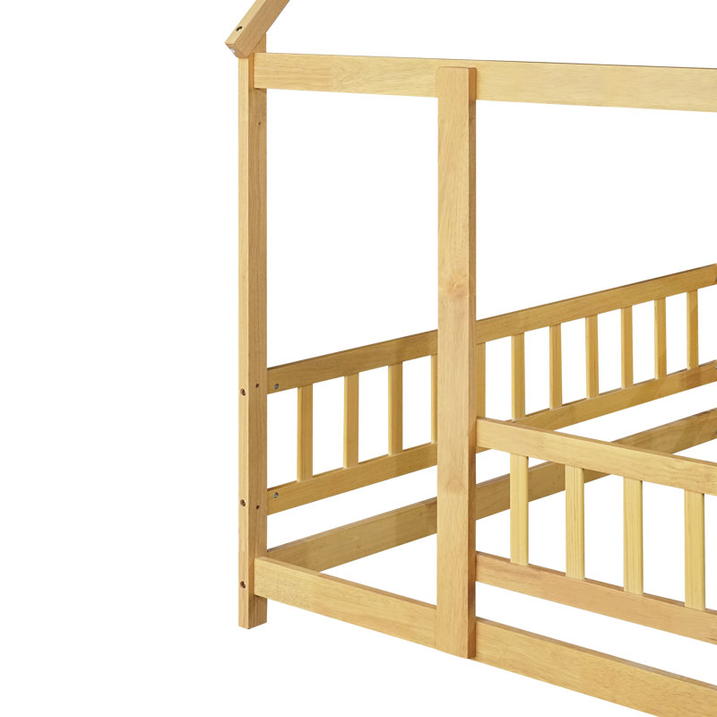 Lit en bois avec cadre de toit et garde-corps Pearl House, Naturel