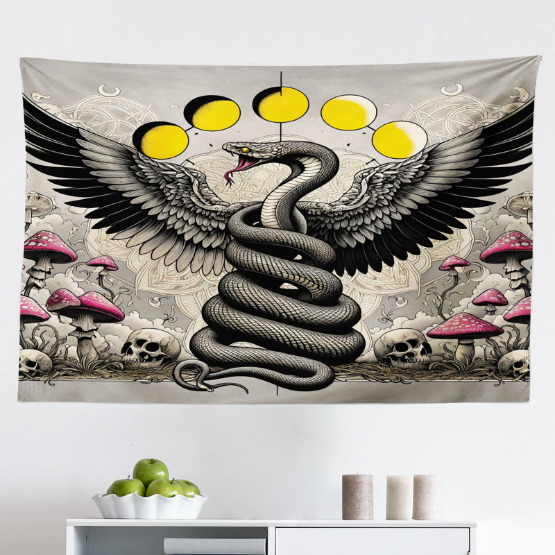 Winston Porter Gothic Wall Hanging Tapestry Dark Dream Wingy Snake Skull Mustard Pink Grey Yellow, H 23 po x l 28 po