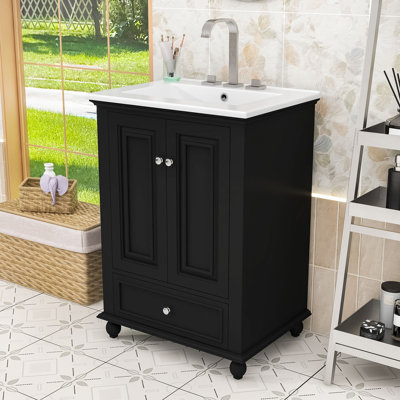 Meuble-lavabo classique en bois avec rangement réglable, portes à fermeture en douceur et lavabo en céramique