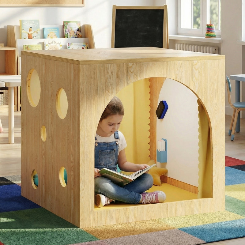 Cube de lecture 30 "avec tableau magnétique et lumière DEL, cube de coin lecture avec coussin en polyuréthane, entrées arquées avec rideaux