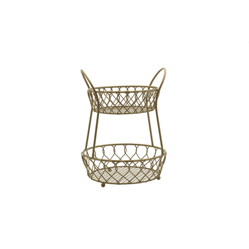 Gourmet Basics by Mikasa Loop and Lattice Metal 2-Tier Round Fruit Storage Basket, Matte Gold