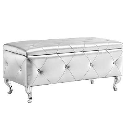 Exquisitely Designed Silver Faux Leather Storage Bench With Crystal Buttons For Living Room And Bathroom - Strong Metal Legs, Soft Velvet Touch Versatile Bedroom End Easy Assembly, Wide Applicability