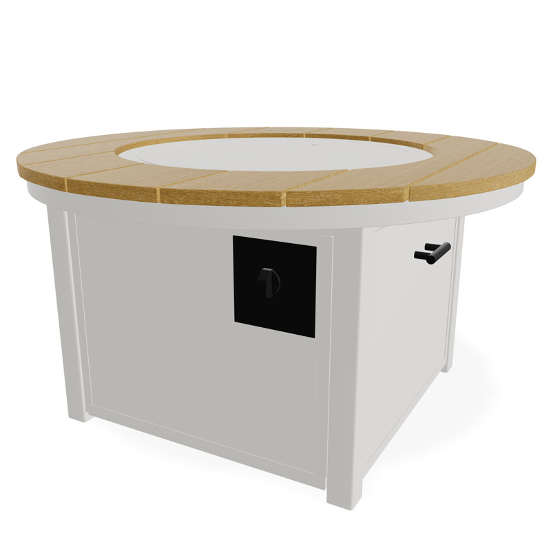 Table de foyer 42 po ronde en polymère rustique avec tablette au propane, Neige / Lagune