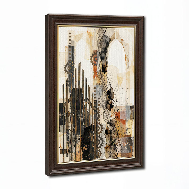 Toile abstraite à engrenages abstraits et collage de papier déchiré en sépia, H 18 po x l 12 po