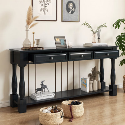 63" Mediterranean Console Table with 3 Drawers & Shelf – Extra-Long Entryway/Hallway/Living Room Sofa Table – Espresso Finish, Solid Wood Legs, Distressed Vintage Style