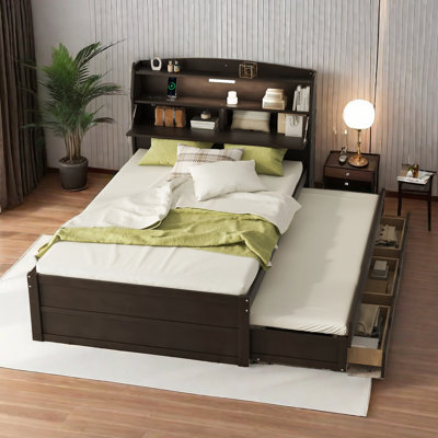 Wooden LED Platform Bed With Trundle, With Storage Headboard, With Drawers by Latitude Run