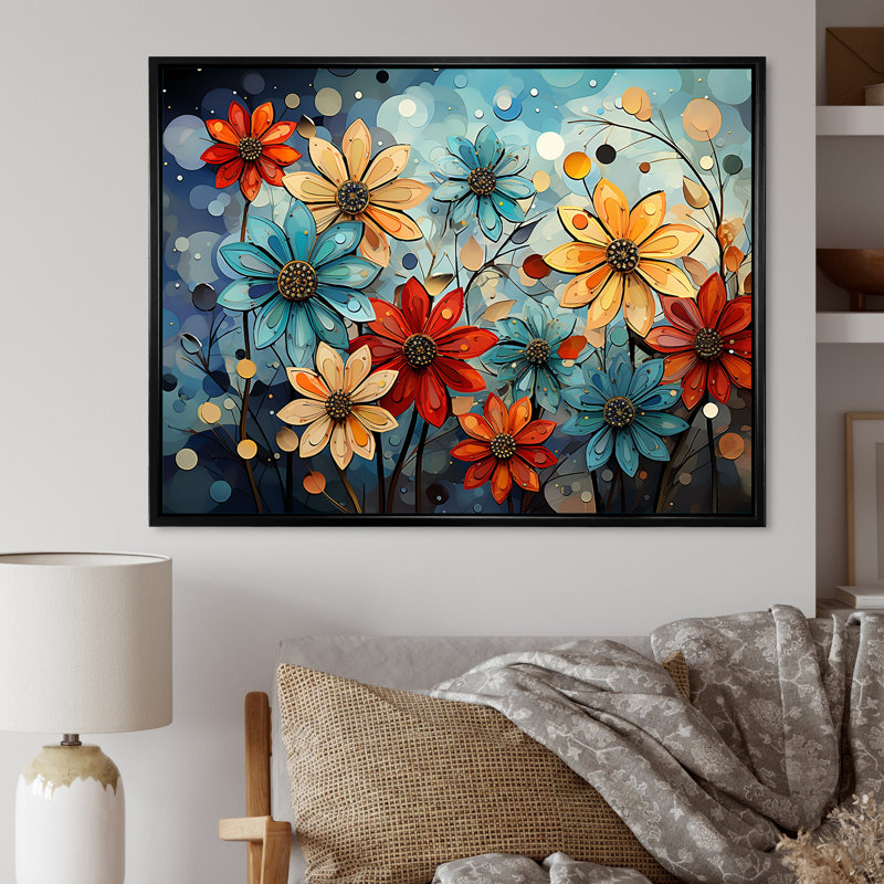 «Cubist Zinnias Flowers Collage» sur toile, Cadre flottant noir, H 12 po x l 20 po x P 1 po