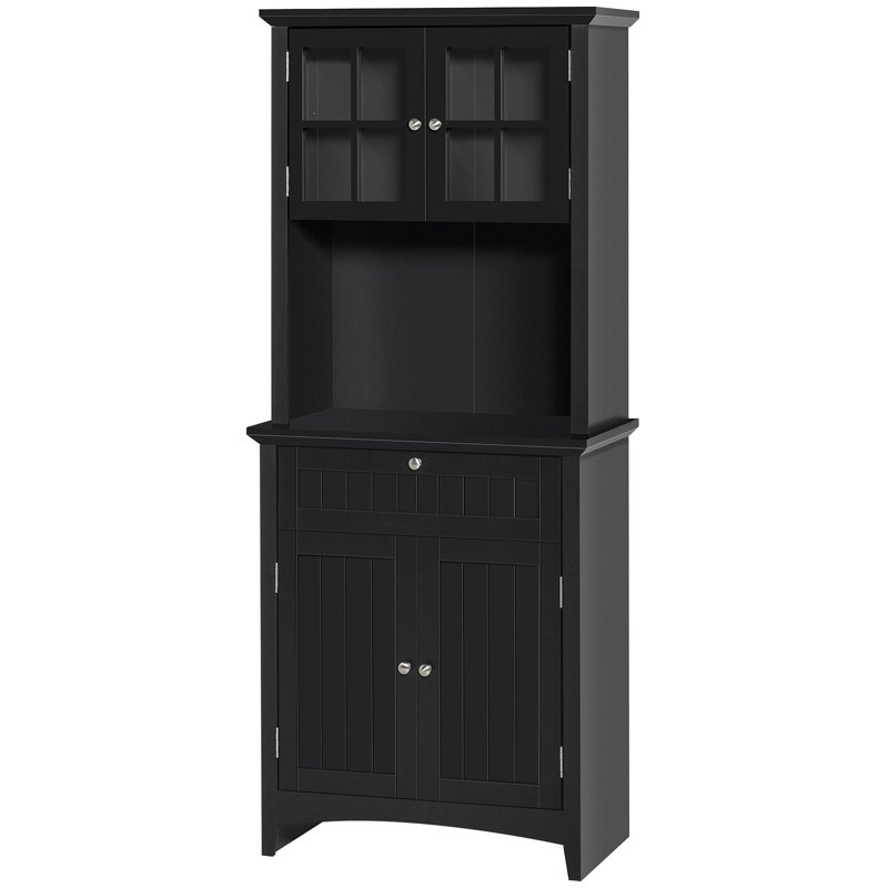 Élégant buffet avec huche, armoire de rangement pour garde-manger avec porte en verre encadrée et espace pour micro-ondes, noir