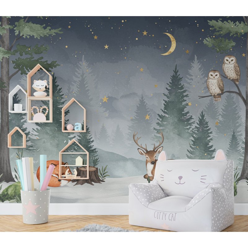 Papier peint de chambre de bébé Dreamy Nighttime Forest Animal, L 145 po x l 100 po, Non tissé