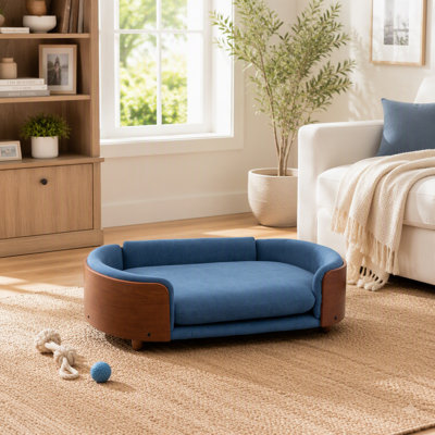 Lit pour chien surélevé de style scandinave avec pieds en bois massif et dossier en bois cintré, velours, grand format