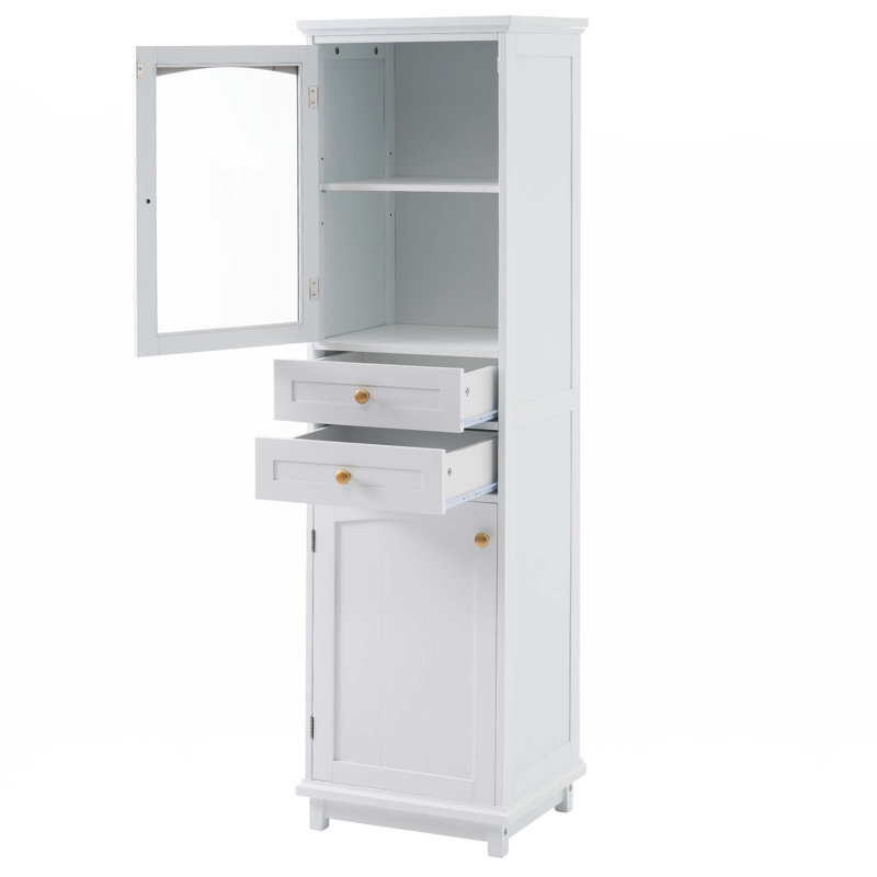 63" Tall Bathroom Storage Cabinet With Glass Doors, White