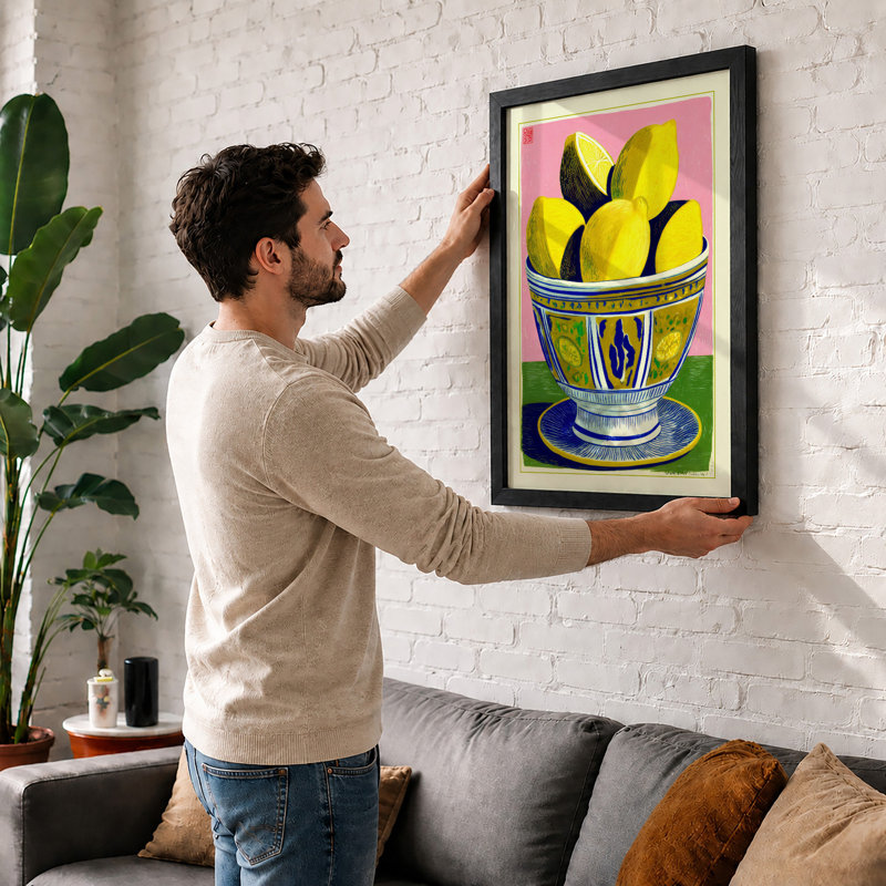 Lemons In Blue Bowl Boho - Single Picture Frame Print, A2 - 59.4 x 42.0 cm, Walnut