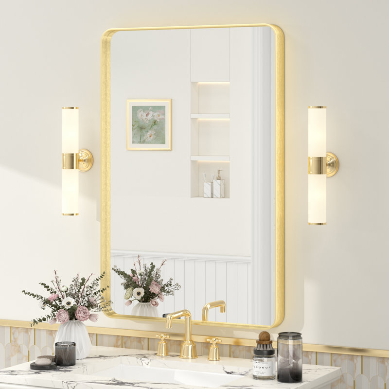 Molly Tempered Glass and Metal Framed French Cleat Mounted Wall Bathroom / Vanity Mirror, 36" x 24", Gold