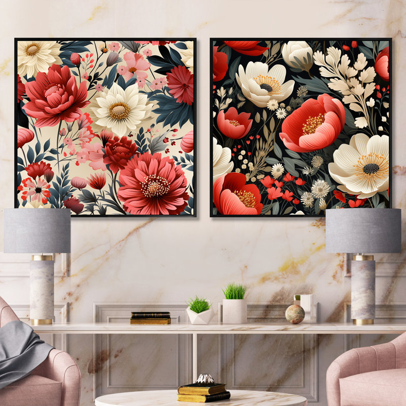Williamstown - Ensemble de 2 collages floraux carrés, Cadre flottant noir, H 16 po x l 33 po