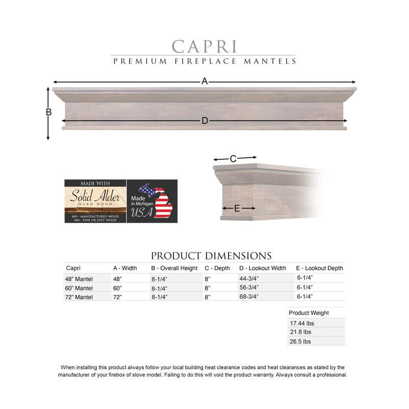 Capri Fireplace Mantel, 60", Brown Wood