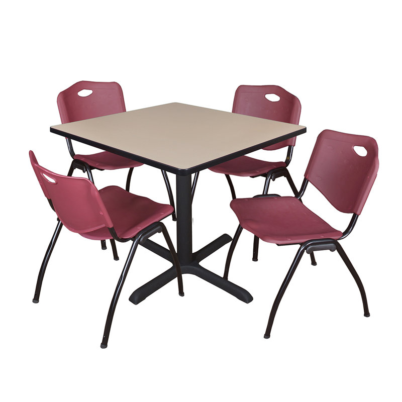Cain Square X-Base Breakroom Table & 4 M Stack Chairs, Burgundy, 29" H x 36" W 36" D, Cherry