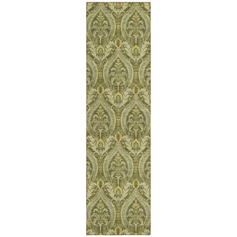 8' Runner Green Damask Washable Non Skid Indoor Outdoor Runner Rug