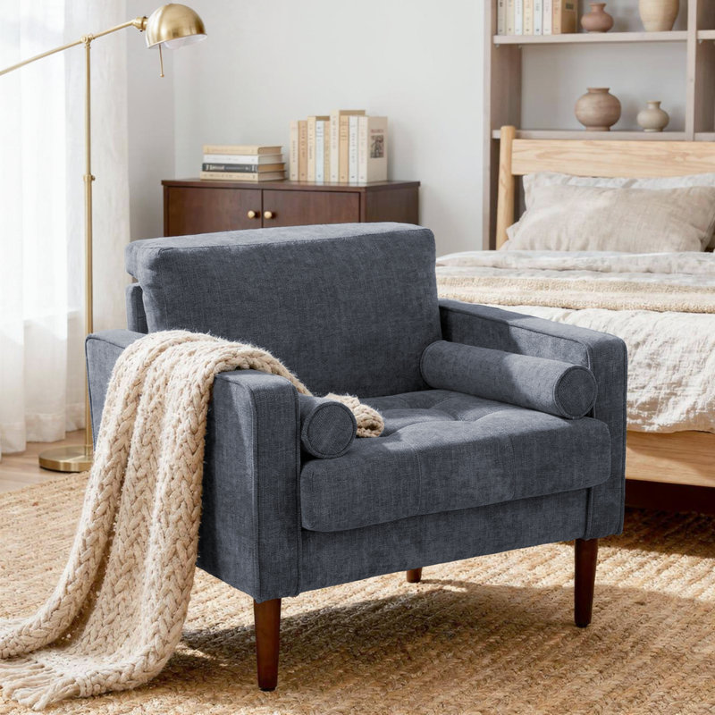 Iliana Upholstered Corduroy Square Arm Tufted Club Chair with 2 Pillows, Turquoise Polyester