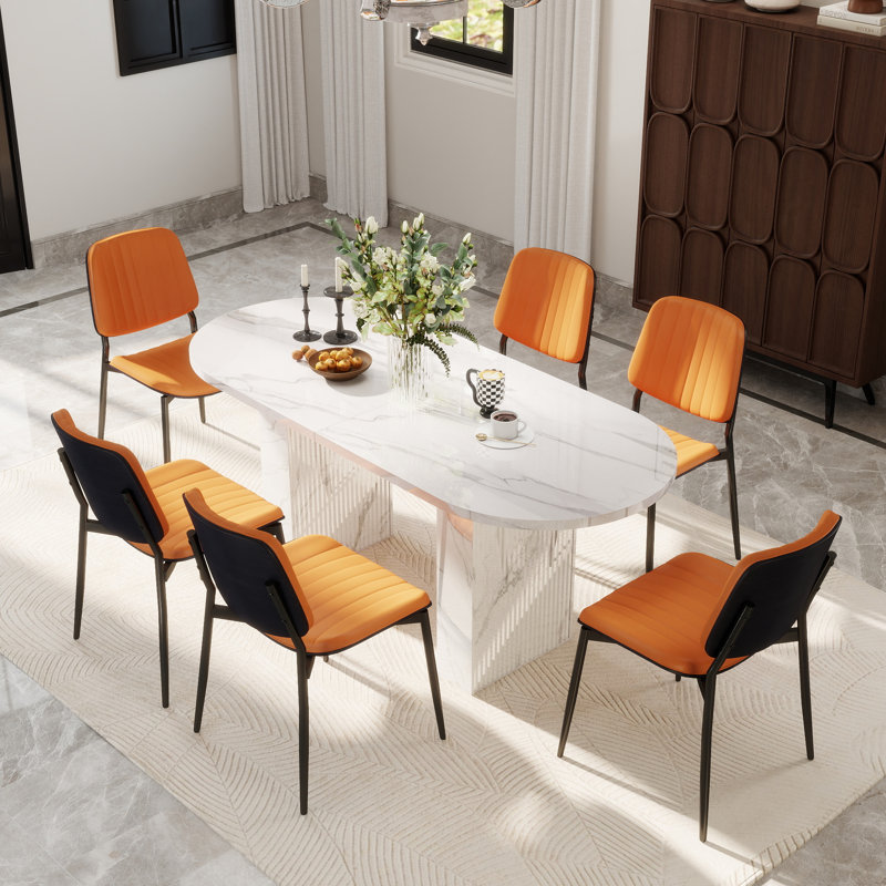 62.9" Oval Dining Table Set For 4-6, MDF Kitchen Table With Faux Leather Chairs, Walnut Curved Wood Back Mid-Century Modern Dining Set, Easy Clean Dining Furniture