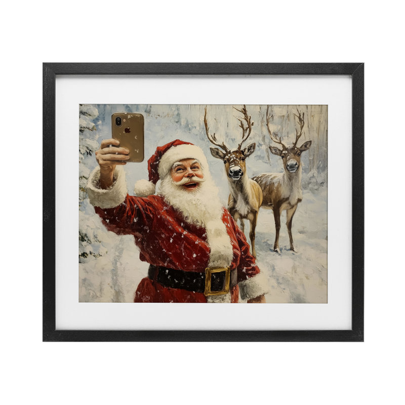 Santa Selfie with Reindeer Framed Print Under Glass, design by Arlington Prints, 13" H x 16" W, Midnight Black Frame