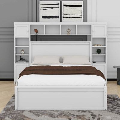 Queen Size Wooden Bed With All-In-One Cabinet, Shelves And Sockets